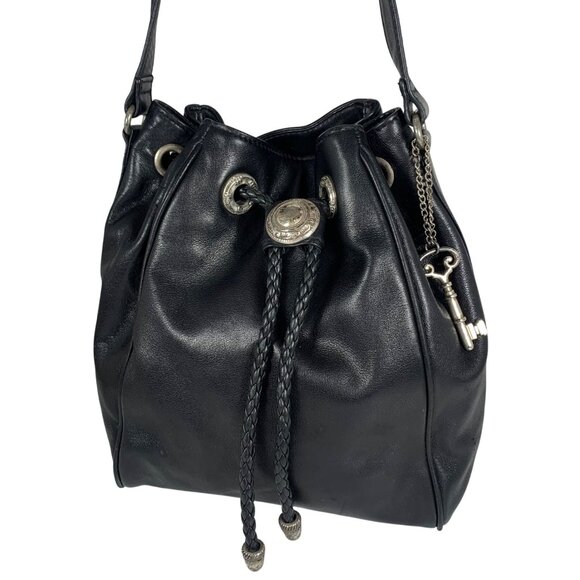 Vintage FOSSIL Black Leather Drawstring Bucket Bag Shoulder Bag w/ Key Charm - Picture 1 of 11